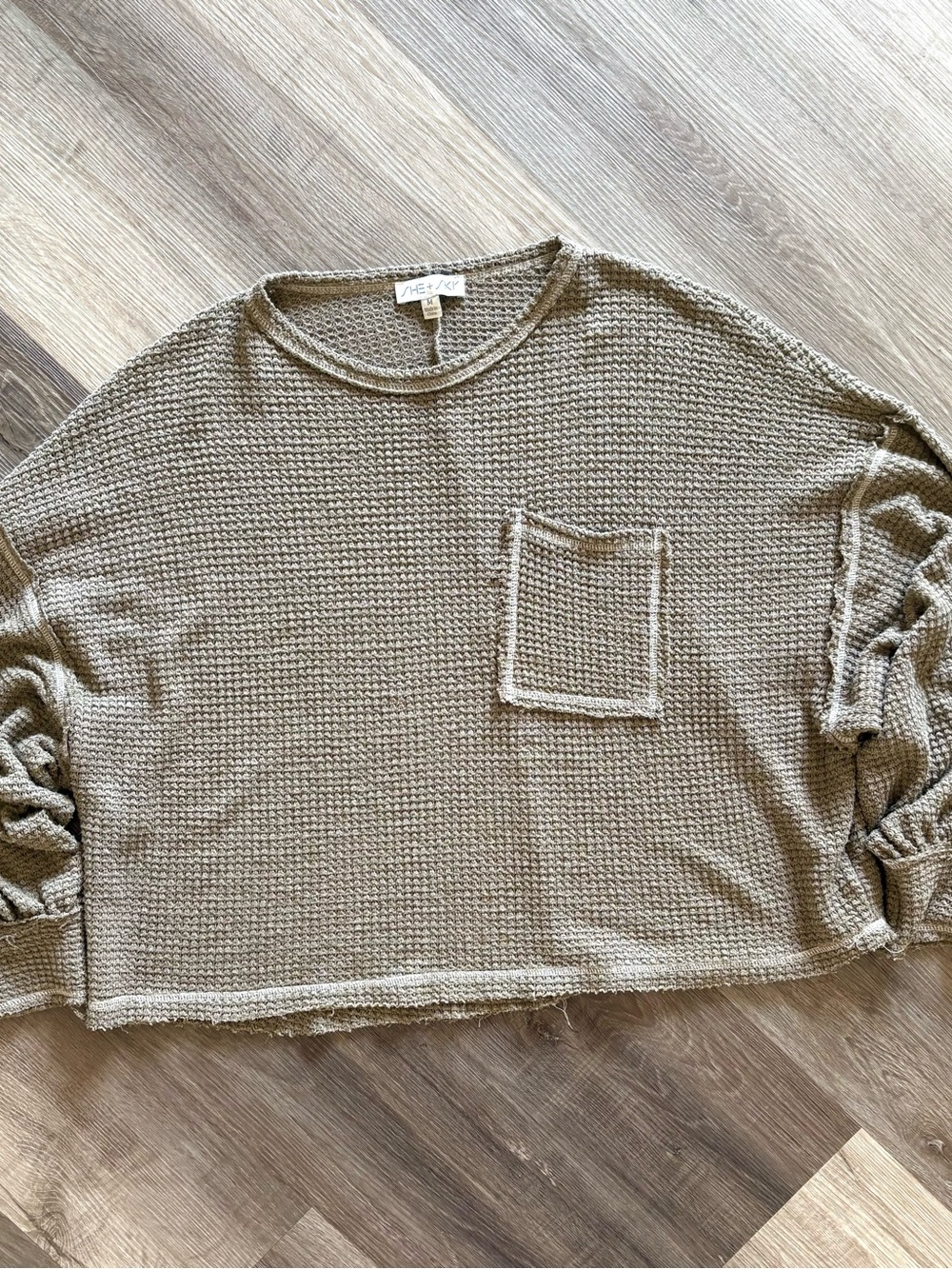 She + Sky Waffle Knit Oversized Top M Slouchy Thermal Balloon Sleeve Olive